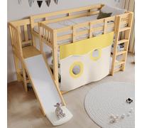 Yihomfy Lit superposé pour Enfants avec Toboggan, lit en Bois avec escalier et clôtures, lit pour Enfant avec Rideau de lit, Protection Anti-Chute, Bois Massif (sans Matelas) (Natural-02N, 90x200cm)