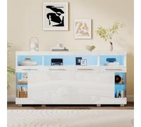 Yihomfy Meuble Cuisine avec Éclairage LED, Buffet, Meuble de Rangement, avec 4 Portes et Compartiments de Rangement Ouverts, Étagères Réglables, Cuisine, Salon (Blanc, 140x40x70cm)