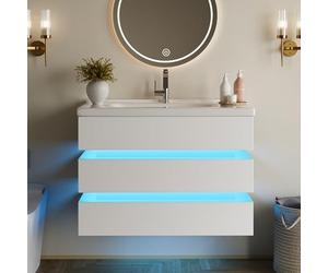 Yihomfy Meuble lavabo Mural 81 cm avec Vasque en céramique, Petit Meuble sous-Vasque avec Éclairage LED, Deux Tiroirs de Soft-Close, Design Ajouré Tendance, Salle de Bain et WC invités, Blanc-C