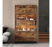 Yihomfy Vitrine 80×40×138 cm - Meuble 5 Niveaux en MDF, Contraste Noir et Bois, 2 Portes à Ouverture par poussée en Acrylique - 6 Compartiments + 2 tiroirs, éclairage LED, Natural