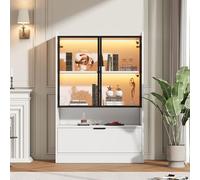 Yihomfy Vitrine en Verre 80 x 35 x 120 cm, bibliothèque avec éclairage LED et Étagères Ouvertes, Tiroir à abattant, Anti-basculement, Meuble de Rangement pour Salon et Bureau, Blanc-R