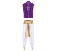 Yihuimin Costume Prince Arabe Homme Adulte Brillant Tenue Danse Orientale Gilet Pantalon Sarouel Homme Carnaval Halloween Violet Blanc XXL