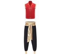Yihuimin Costume Prince Arabe Homme Adulte Brillant Tenue Danse Orientale Gilet Pantalon Sarouel Homme Carnaval Halloween Rouge Noir XL