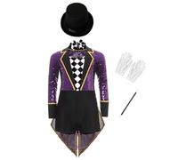 Yihuimin Déguisement Jeu De Rôle Magicien Enfant Garçon Fille Costumes D'halloween Ensemble 4 Pcstenue Cirque Smoking Paillettes Manches Longues Body 6-16 Ans Violet 9-10 ans