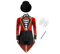 Yihuimin Déguisement Jeu De Rôle Magicien Enfant Garçon Fille Costumes D'halloween Ensemble 4 Pcstenue Cirque Smoking Paillettes Manches Longues Body 6-16 Ans Rouge 15-16 ans