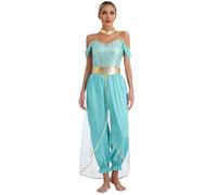 Yihuimin Déguisement Princesse Arabe Femme Paillettes Tenue de Danse du Ventre Ensemble Danse Orientale Adulte Halloween Costume Carnaval Turquoise XL