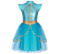 Yihuimin Enfant Fille Costume Princesse Arabe Paillettes Brillantes Robe Pompon Dentelle Bordure Robe Diamants Fermeture à Glissière Invisible Bleu ciel 13-14 ans