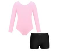 Yihuimin Ensemble Justaucorps Gymnastique pour Enfant Fille avec Short Maillot de Gym Danse Manche Longue Rose et Noir 10 ans