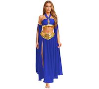 Yihuimin Femme Paillettes Brillantes Costume Spectacle Danse Du Ventre Bretelles Auto - Attachées + Jupe En Fil + 1 Paire Manches Culotte Intégrée Bleu L