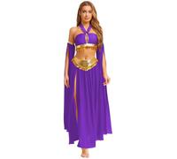 Yihuimin Femme Paillettes Brillantes Costume Spectacle Danse Du Ventre Bretelles Auto - Attachées + Jupe En Fil + 1 Paire Manches Culotte Intégrée Violet XL