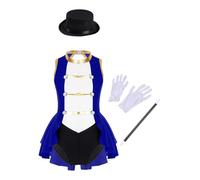 Yihuimin Halloween Jeu De Rôle Enfant Fille Ensemble Chef De Cirque Sans Manches Robe évasée Dans Le Dos + Chapeau + Baguette Magique + Gants Bleu royal 9-10 ans