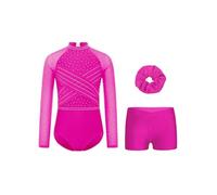 Yihuimin Justaucorps Gymnastique Manches Longues Strass Brillant Avec Short Et Bandeau Enfant Fille Leotard Sport Tenue Patinage Danse Spectacle Rose Vif 11-12 ans