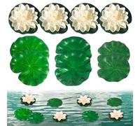 YiiHHooN 10 Pièces Nénuphars Artificiels, Fleurs de Lotus Artificielles Blanches 10 cm, Feuilles de Lotus Artificielles Vertes Flottantes pour Bassin Mini-Bassin Aquarium Jardin Piscine