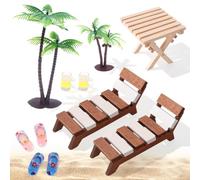 YiiHHooN 9 Pièces Mini Décoration de Plage, Ensemble Miniature avec Chaises Longues Table Arbres Bouteilles et Tongs, Accessoires Bois et Plastique pour Maison de Poupée Micro-Scène Photo