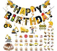 YiiHHooN Decoration Anniversaire Chantier, Guirlande Joyeux Anniversaire et Topper Cupcake Chantier avec Autocollants, Bannière Anniversaire et Décoration Gâteau Pelleteuse pour Fête