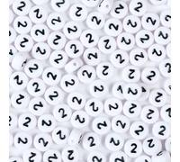 Yiizzxin Lot de 200 perles rondes blanches en forme de chiffre 2 pour bracelets, perles plates en acrylique à chiffre unique, 4 x 7 mm pour la fabrication de bijoux (rondes 2)