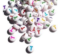 Yiizzxin Lot de 200 perles rondes et plates en acrylique coloré avec lettre T, 4 x 7 mm, fond blanc, perles de l'alphabet T pour bracelets (coloré-T)