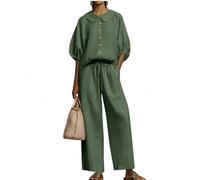 yijan Stylish Peter Pan Collar Shirt And Wide-leg Pant Linen Two-piece Set (Green,XL)
