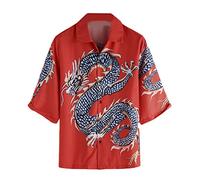 Yijinstyle Chemise à Manches Courtes à Col Boutonné à Imprimé Dragon Chinois pour Hommes Femmes (Rouge, Asia M)