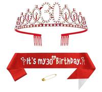 Yijunmca Ensemble couronne et écharpe rouges pour 30e anniversaire pour femme : alliage, strass, tissu ; célébration élégante ; 30e anniversaire des femmes