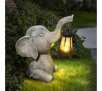 YIKEDAN 27cm Éléphant Statue Avec Lampe Solaire Figurine, Animal Sculpture sur resin, Imperméable, Décoration pour de Jardin Balcon, Salon, Terrasse