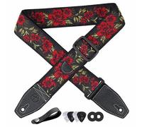 YIKOKO Sangle de guitare de 5,1 cm en coton brodé avec extrémité en cuir pleine fleur, pour basse, guitare électrique et acoustique, bouton, verrous et médiators