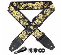 YIKOKO Sangle de guitare de 5,1 cm en coton brodé avec extrémité en cuir pleine fleur, pour basse, guitare électrique et acoustique, bouton, verrous et médiators
