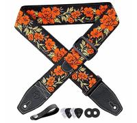 YIKOKO Sangle de guitare de 5,1 cm en coton brodé avec extrémité en cuir pleine fleur, pour basse, guitare électrique et acoustique, bouton, verrous et médiators