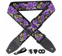 YIKOKO Sangle de guitare de 5,1 cm en coton brodé avec extrémité en cuir pleine fleur, pour basse, guitare électrique et acoustique, bouton, verrous et médiators