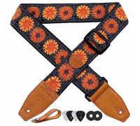 YIKOKO Sangle de guitare en coton floral de 5,1 cm avec extrémité en cuir pleine fleur, pour basse, guitare électrique et acoustique, bouton de sangle, verrous de sangle et médiators