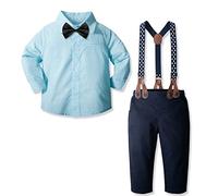 Yilaku Bébé Garçon Vêtements Enfants Costume Bébé Bébé Garçons Vêtements Pantalon Et Chemise Ensemble + Bretelles Noeud Papillon 4Pcs Tenues De Baptême Pour Les Tout-Petits, Bleu Ciel, 9-12 Mois