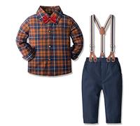 Yilaku Bébé Infantile à Manches Longues Chemise à Carreaux + Noeud Papillon + Bretelles Pantalon pour Enfant en Bas âge décontracté Mariage Formel fête d'anniversaire(Marron Noir,3-4 Ans),110