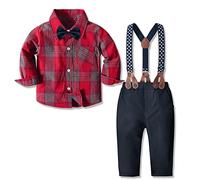 Yilaku Costume enfant en bas âge garçons chemise à carreaux + noeud papillon + bretelles + pantalon 4 pièces bébé garçon tenues de mariage costume d'anniversaire (Rouge , 18-24 mois)