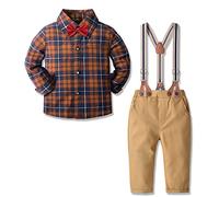 Yilaku Enfant en Bas âge bébé garçons vêtements Ensembles Chemise à Manches Longues + Pantalon à Bretelles + Noeud Papillon Gentleman vêtements Noël (Marron Beige,3-4ans),110