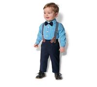 Yilaku Ensemble 4 pièces de vêtements pour petit garçon avec pantalon bretelles chemise et nœud papillon - Bleu - 3.5-4.5 ans