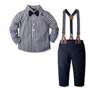 Yilaku Ensemble de vêtements pour tout-petits garçons 4 pièces chemise bebe manches longues + noeud papillon + jarretelles + ensembles de pantalons tenues de gentilhomme pour bébé (Noir, 5-6 ans)