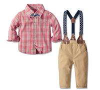 Yilaku Petits garçons Automne vêtements Enfant en Bas âge garçons Chemise à Carreaux à Manches Longues et Noeud Papillon et Bretelles Pantalon Ensemble Tenues garçons (Rose , 3-4 Ans