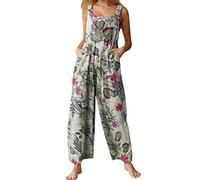 YILEEGOO Salopette en coton et lin pour femmes, salopette décontractée pour dames, pantalon large à jambes larges, combishort, robe-salopette, Beige #1., S