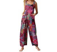 YILEEGOO Salopette en lin et coton pour femmes, salopette décontractée pour dames, pantalon large à jambes larges, combishort à bretelles, Rouge #1., XL