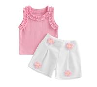YILEEGOO Tenues d'été sans manches à volants côtelés pour bébé fille avec débardeur 3D en crochet à fleurs ensemble de vêtements pour filles, rose, 6-9 mois