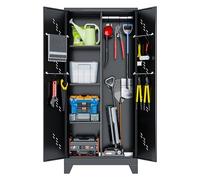 YILFANA Armoire de rangement pour balais et serpillères, armoire de garage en métal de 180,3 cm avec serrure et tiges de suspension, armoire utilitaire pour balais et serpillères, armoire à outils de