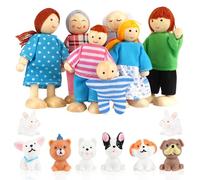 YiliYa Famille de Poupées en Bois Set,15 Pièces Marionnettes en Bois Jouet Poupée Familiale Mini Poupées Articulées Poupées Familiales Accessoires