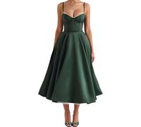 YILKOO Femmes Robe Élégante sans Manches Haute Taille A-line Midi Robe avec Poches et Bretelles Fines(Dark Green,Large)