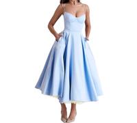 YILKOO Femmes Robe Élégante sans Manches Haute Taille A-line Midi Robe avec Poches et Bretelles Fines(Light Blue,Medium)