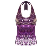 YILWPV Soutien-Gorge de Danse du Ventre for Femmes, Haut col Licou, Gilet sans Manches, Paillettes Brillantes, Pompon, Costume Spectacle sur scène Jazz Latin pour Femme(Color 2)