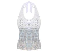 YILWPV Soutien-Gorge de Danse du Ventre for Femmes, Haut col Licou, Gilet sans Manches, Paillettes Brillantes, Pompon, Costume Spectacle sur scène Jazz Latin pour Femme(Color 9)