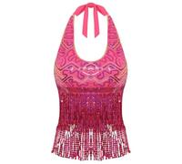 YILWPV Soutien-Gorge de Danse du Ventre for Femmes, Haut col Licou, Gilet sans Manches, Paillettes Brillantes, Pompon, Costume Spectacle sur scène Jazz Latin pour Femme(Color 5)