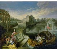 YIMACBJXX Affiche Mur Art Oeuvre d'art Tableau la fête champêtre du printemps dans un jardin d'eau avec personnages dans une barque de Jean Antoine Watteau Pour la Décoration du Salon 60x90cm