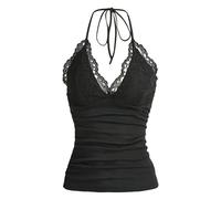 YIMAISZQ Débardeur pour Femme Goth Grunge Punk Noir Dentelle Patchwork Halter Top Women Été Ruched Backless sans Manches Narbout Streetwear Y2k Vêtements-Noir-s