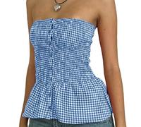 YIMAISZQ Débardeur pour Femme Y2k Rouge Gingham Crop Top Womean Sexy sans Bretelles Ruffle Hem Coquette Esthétique Plaid Imprimer Été-Bleu-s